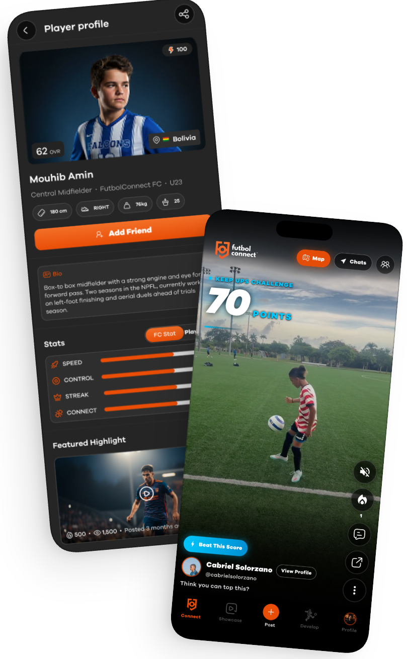 FutbolConnect app, player profile and Keep Ups Challenge